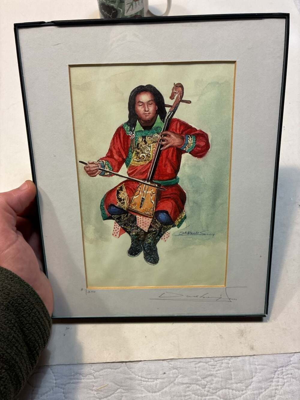 Dashlkhundev Signed Framed Watercolor Print Mongolian Musician Artist Signed